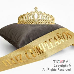 SET VINCHA Y BANDA FELIZ CUMPLEAOS STRASS ORO (10547C) X 1